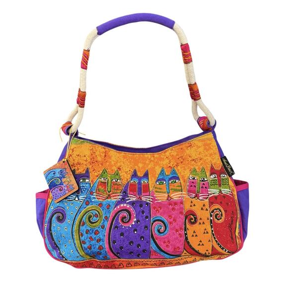 Laurel Burch Handbags - Laurel Burch Fantasticats Purse Shoulder Bag 6 Cats Zip Canvas Wood Bag Charm